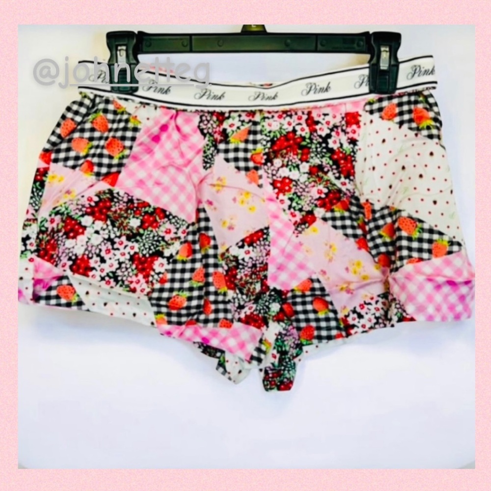 PINK VICTORIA’S SECRET Silky Pajama Shorts Patchwork Gingham Berries Floral L